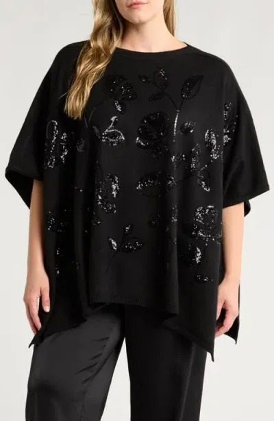 Anne Klein Floral Sequin Poncho In Anne Black