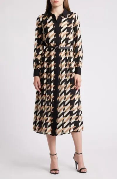 Anne Klein Geo Print Long Sleeve Shirtdress In Anne Black