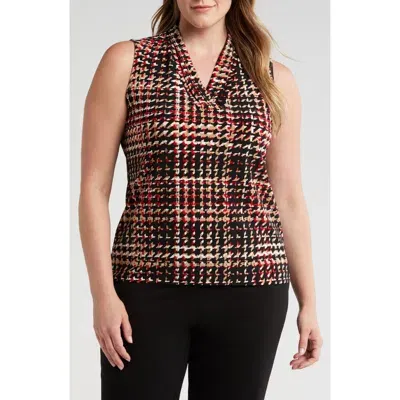 Anne Klein Houndstooth Print Triple Pleat V-neck Top In Anne Black Multi