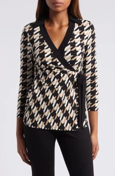 Anne Klein Houndstooth Print Wrap Top In Anne Black Multi