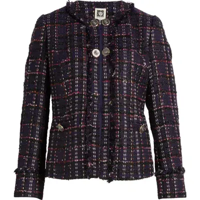 Anne Klein Kissing Front Tweed Jacket In Black/royal Purple Multi