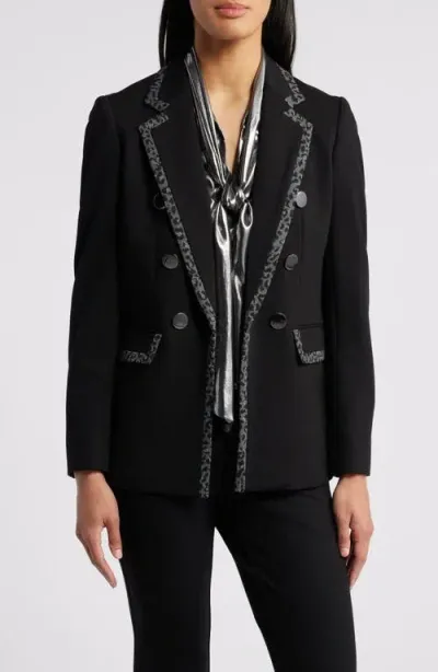 Anne Klein Leopard Trim Faux Double Breasted Blazer In Anne Black Multi