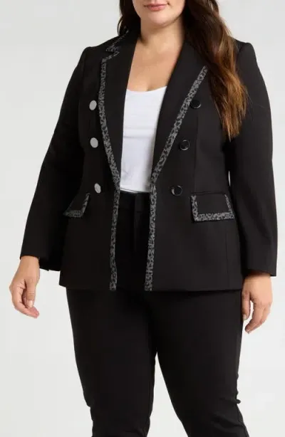 Anne Klein Leopard Trim Faux Double Breasted Blazer In Anne Black Multi