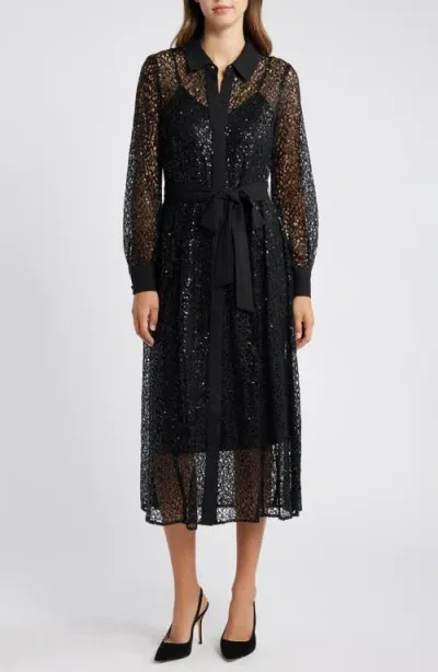 Anne Klein Long Sleeve Sequin Lace Shirtdress In Anne Black