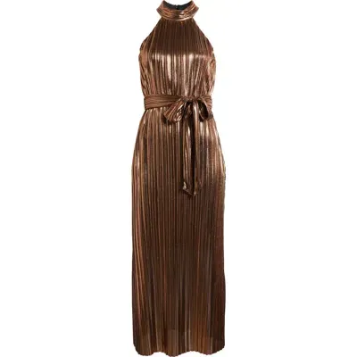 Anne Klein Metallic Plissé Tie Waist Maxi Dress In Bronze