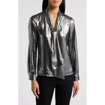 Anne Klein Metallic Tie Neck Shirt In Liquid Gunmetal