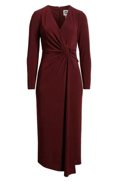 Anne Klein O-ring Long Sleeve Wrap Midi Dress In Syrah Red