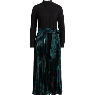 Anne Klein Pleated Tie Belt Long Sleeve Mixed Media Dress In Anne Black/deep Evergreen