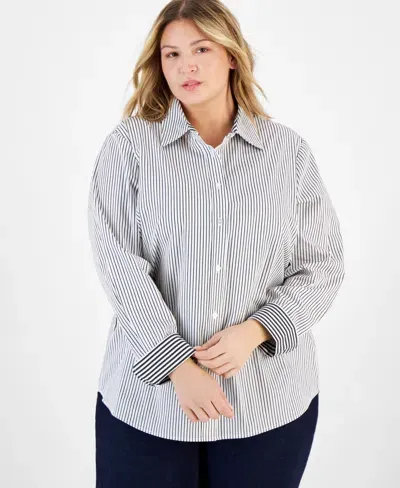 Anne Klein Stripe Cotton Poplin Button-up Shirt In Bright White