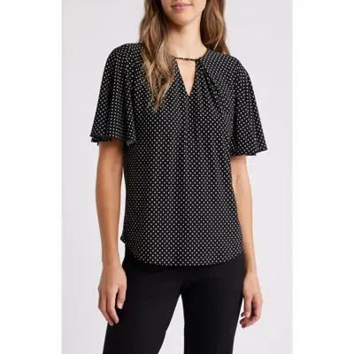 Anne Klein Polka Dot Pleat Neck Top In Anne Black/anne White