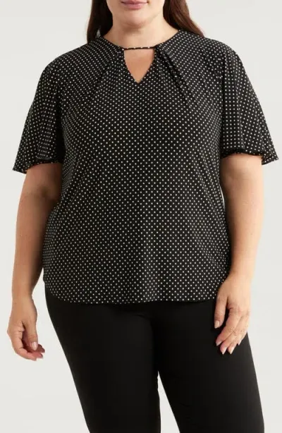 Anne Klein Polka Dot Pleat Neck Top In Anne Black,bright White