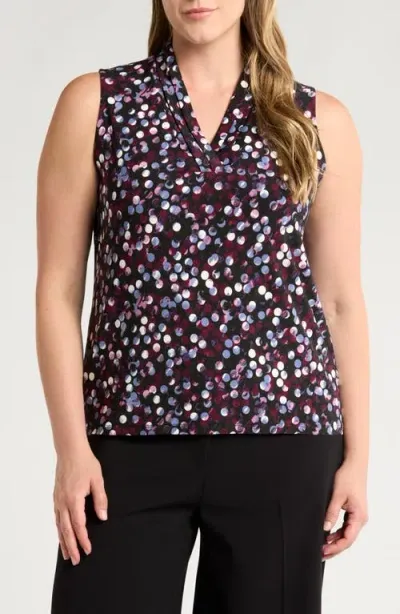 Anne Klein Polka Dot Triple Pleat Sleeveless V-neck Top In Deep Plum Multi