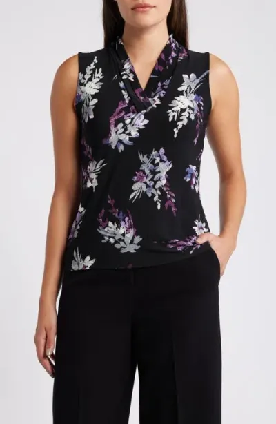 Anne Klein Print Triple Pleat Sleeveless Top In Anne Black