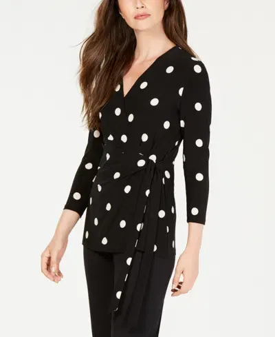 Anne Klein Dot Faux Wrap Top In Anne Black,anne White Dot