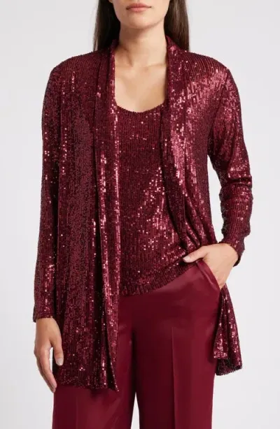 Anne Klein Sequin Draped Open Front Cardigan In Red Ruby