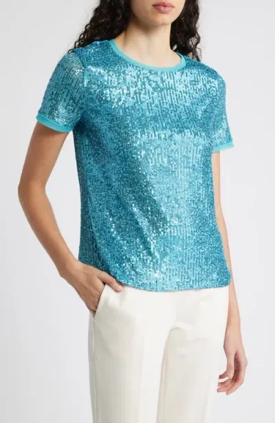 Anne Klein Sequin Mesh Top In Pool Blue