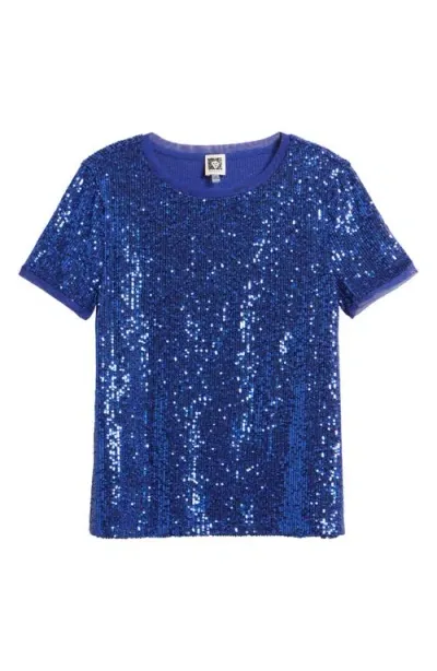 Anne Klein Sequin Mesh Top In Vibrant Cobalt