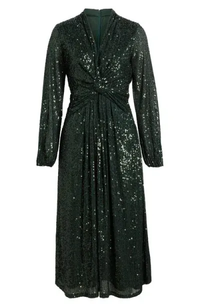 Anne Klein Sequin Twist Front Long Sleeve Midi Dress In Pine Forest