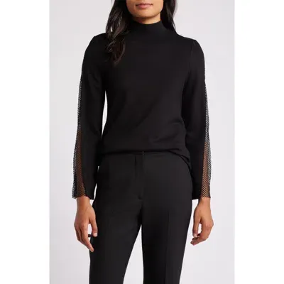 Anne Klein Serenity Mesh Sleeve Mock Neck Shirt In Anne Black