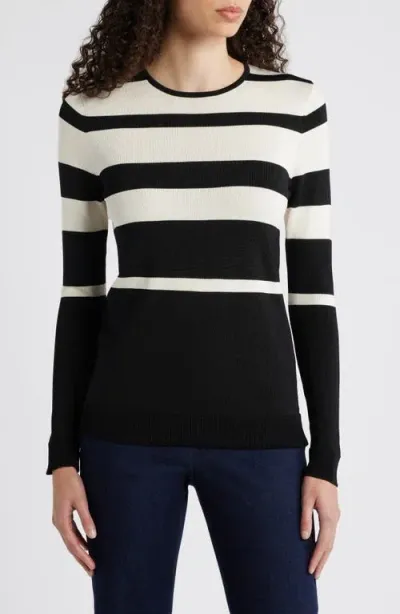 Anne Klein Stripe Crewneck Sweater In Anne Black/anne White