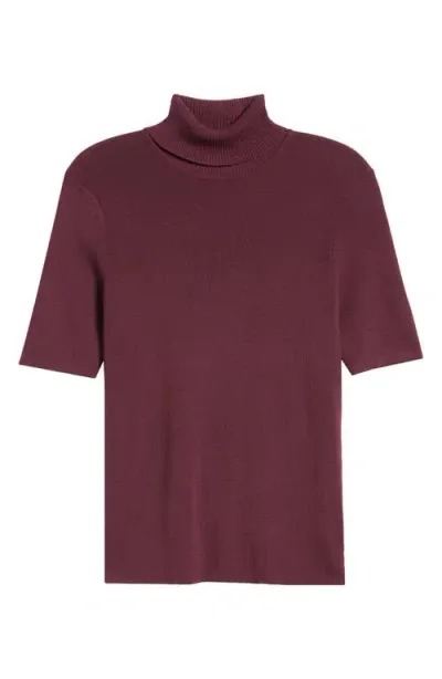 Anne Klein Turtleneck Short Sleeve Rib Sweater In Deep Plum