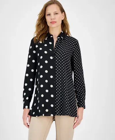 Anne Klein Women's Mixed-dot-print Button-front Shirt In Anne Black,bright White