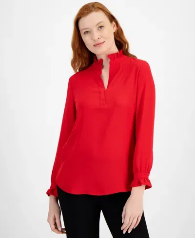 Anne Klein Ruffle Notch Neck Top In Bright Crimson