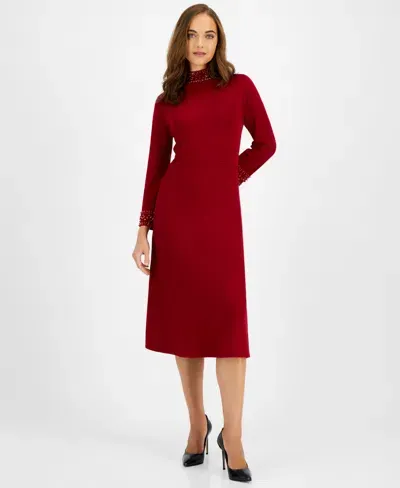 Anne Klein Women's Rhinestone-embellished Sweater Dress In Titian Red