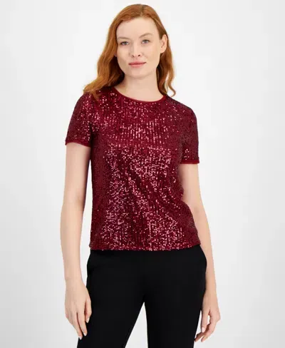 Anne Klein Sequin Mesh T-shirt In Red Ruby