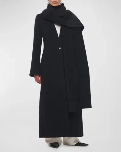 Another Tomorrow Long Deep V Scarf Cashmere Coat In Black