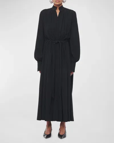 Another Tomorrow Long Pleated Drawstring Shirtdress In Black