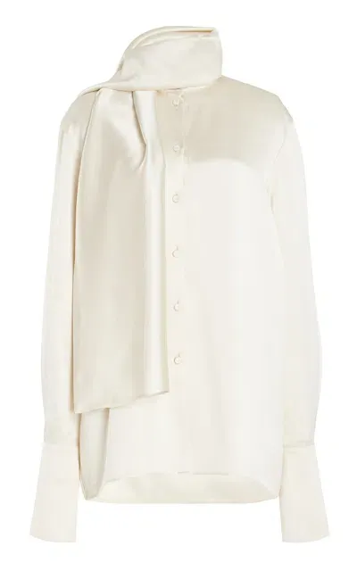 Another Tomorrow Scarf-detailed Satin Shirt In Ivory