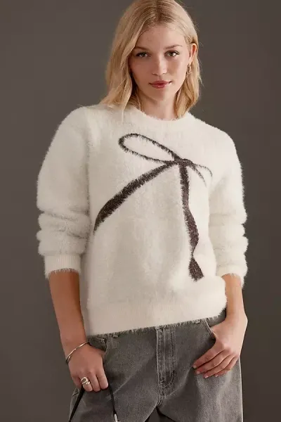 Anthropologie Bow Intarsia Jumper In White