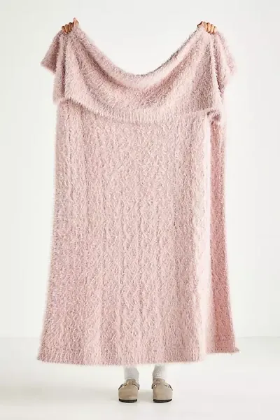 Anthropologie Camden Cable Knit Eyelash Throw Blanket In Pink