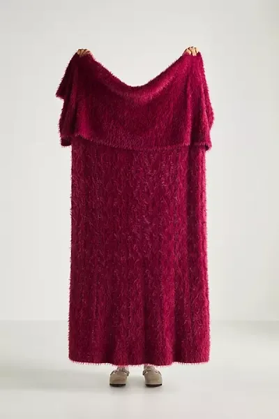 Anthropologie Camden Cable Knit Eyelash Throw Blanket In Burgundy