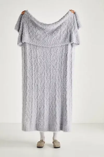 Anthropologie Camden Cable Knit Eyelash Throw Blanket In Gray