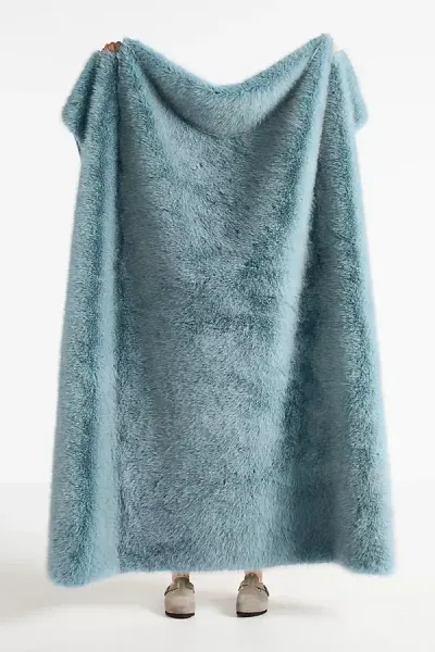 Anthropologie Chloe Faux Fur Throw Blanket In Blue