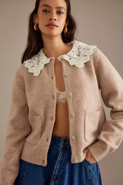 Anthropologie Crochet Collar Cardigan In Pink