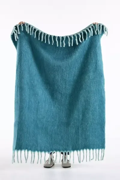 Anthropologie Faux Hair Throw Blanket In Blue