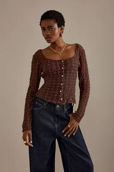 Anthropologie Long-sleeve Lace Button-front Top In Brown