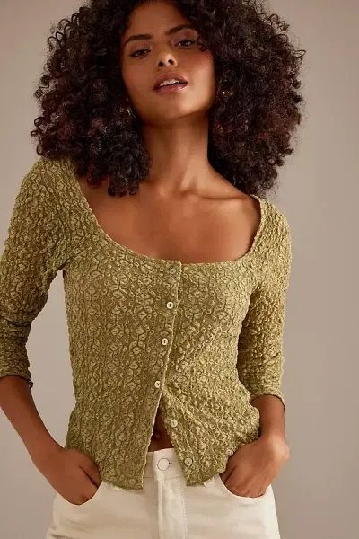 Anthropologie Long-sleeve Lace Button-front Top In Green