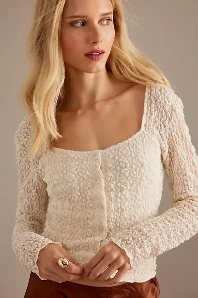 Anthropologie Long-sleeve Lace Button-front Top In White