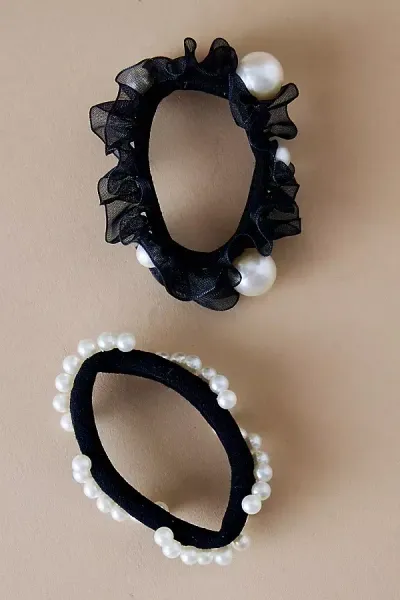 Anthropologie Pearl Embellished Hair Ties, Set Of 2 In Black