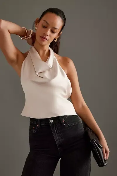 Anthropologie Satin Halter Top In White