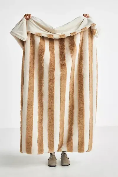 Anthropologie Sophie Stripe Faux Fur Throw Blanket In Neutral