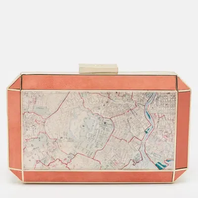 Pre-owned Anya Hindmarch Coral Orange Map Fabric And Suede Duke Box Clutch