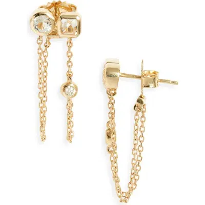 Anzie Cléo White Topaz & Diamond Double Chain Stud Earrings In Yellow Gold