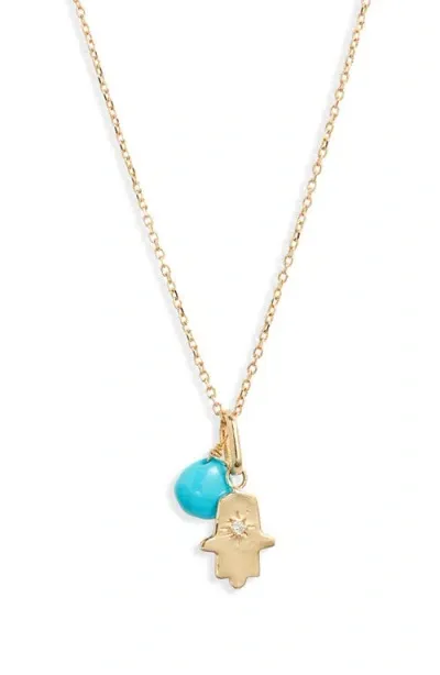 Anzie Love Letter Turquoise Stone & Diamond Hamsa Pendant Necklace In Gold