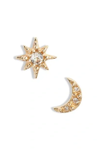 Anzie Moon Crescent Mismatched Stud Earrings In Yellow Gold