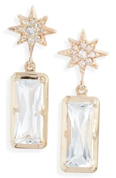 Anzie Starburst White Topaz Drop Earrings In Yellow Gold/white